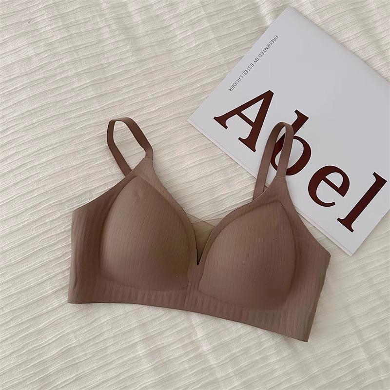 V Yarn Milk Leather Seamless Underwear Women's Big Breasts Show Small Gathering Thin Jelly Strips Pull Up Support Anti-sagging Bra