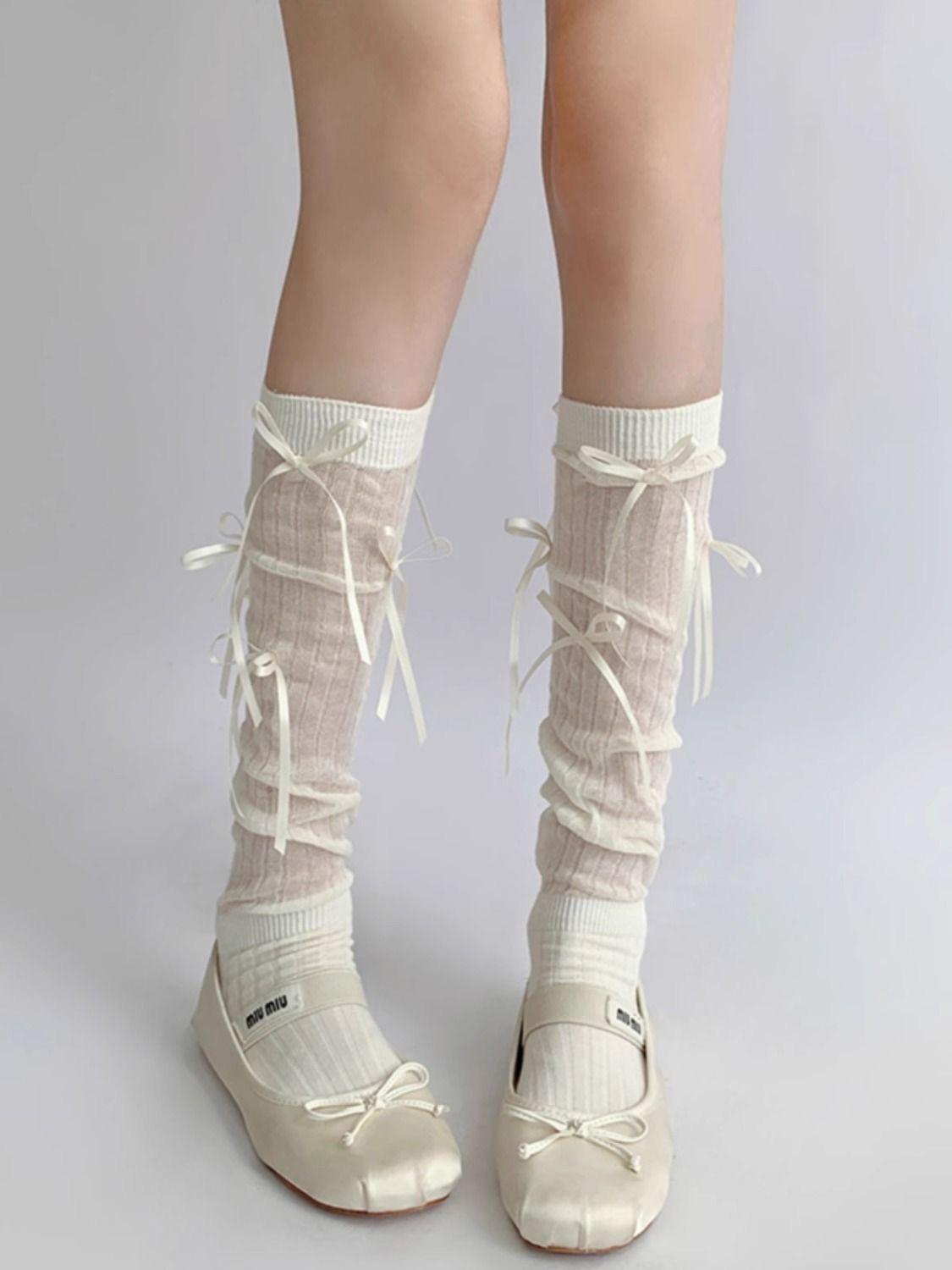 Strictly Selected Ice Silk Loli Ballet Socks Thin Mesh Bow Knee Socks Women S Autumn College Jk Calf Pile белый