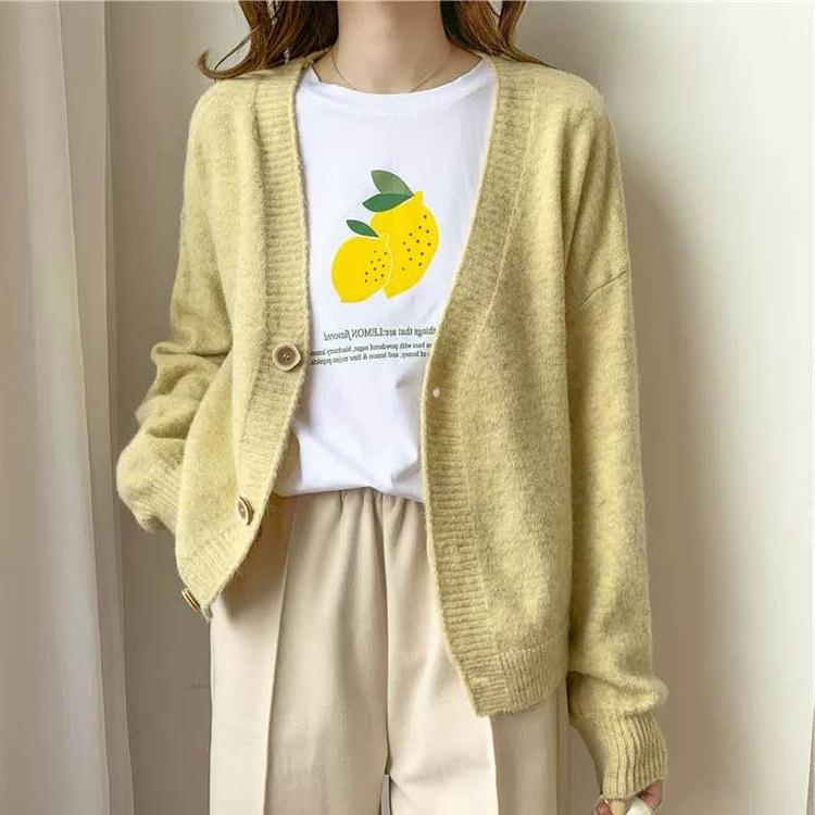 Spring and Autumn Women's V-neck Knitted Sweater Loose  Women's Cardigan Long Sleeve Sweater