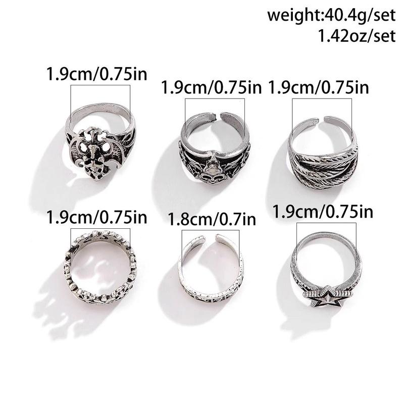6pcs/set Halloween Jewelry Gothic Metal Skull Head Five Point Star Adjustable Ring for Men Punk Silver Color Rings Party Gift