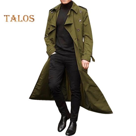 Men Trench Coat Lapel Long Sleeve Solid Color Windbreaker Double Breasted Long Style Outdoor Business Outwear