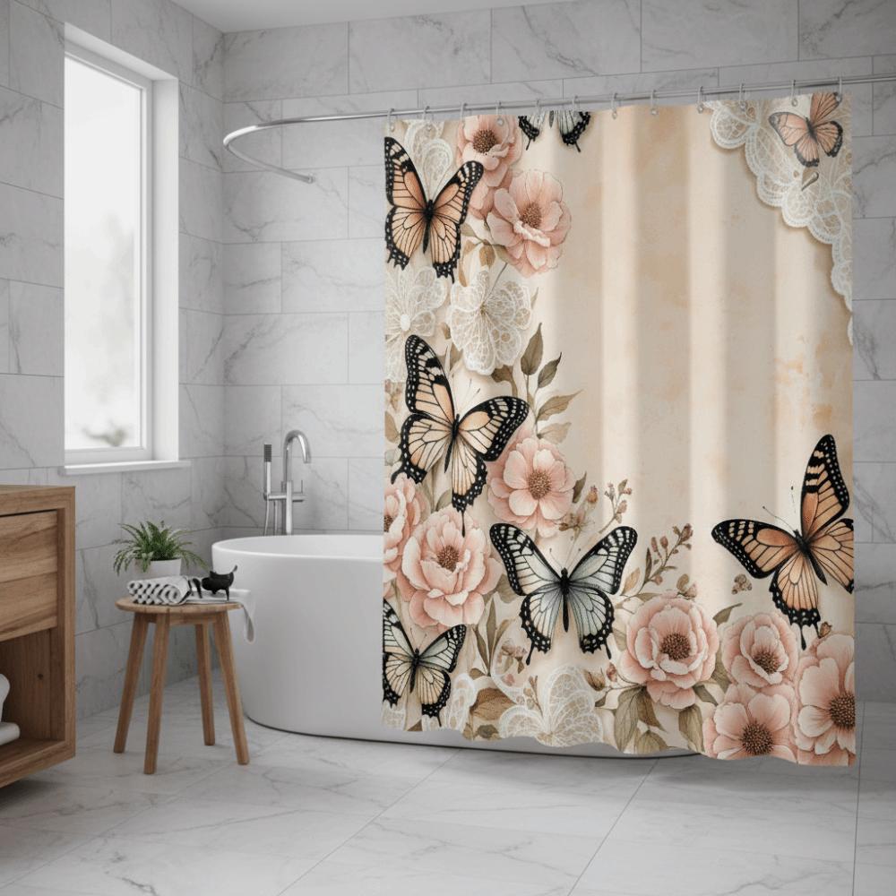 Modern Floral Printed Bathtub Curtain Metal Buttonhole Bath Sheer Dormitory
