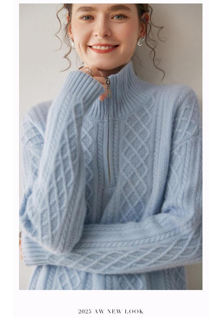 Women's High Neck Zipper Cashmere Sweater: Thick Cable Knit, Loose Fit, Slimming Base Layer for Autumn/Winter