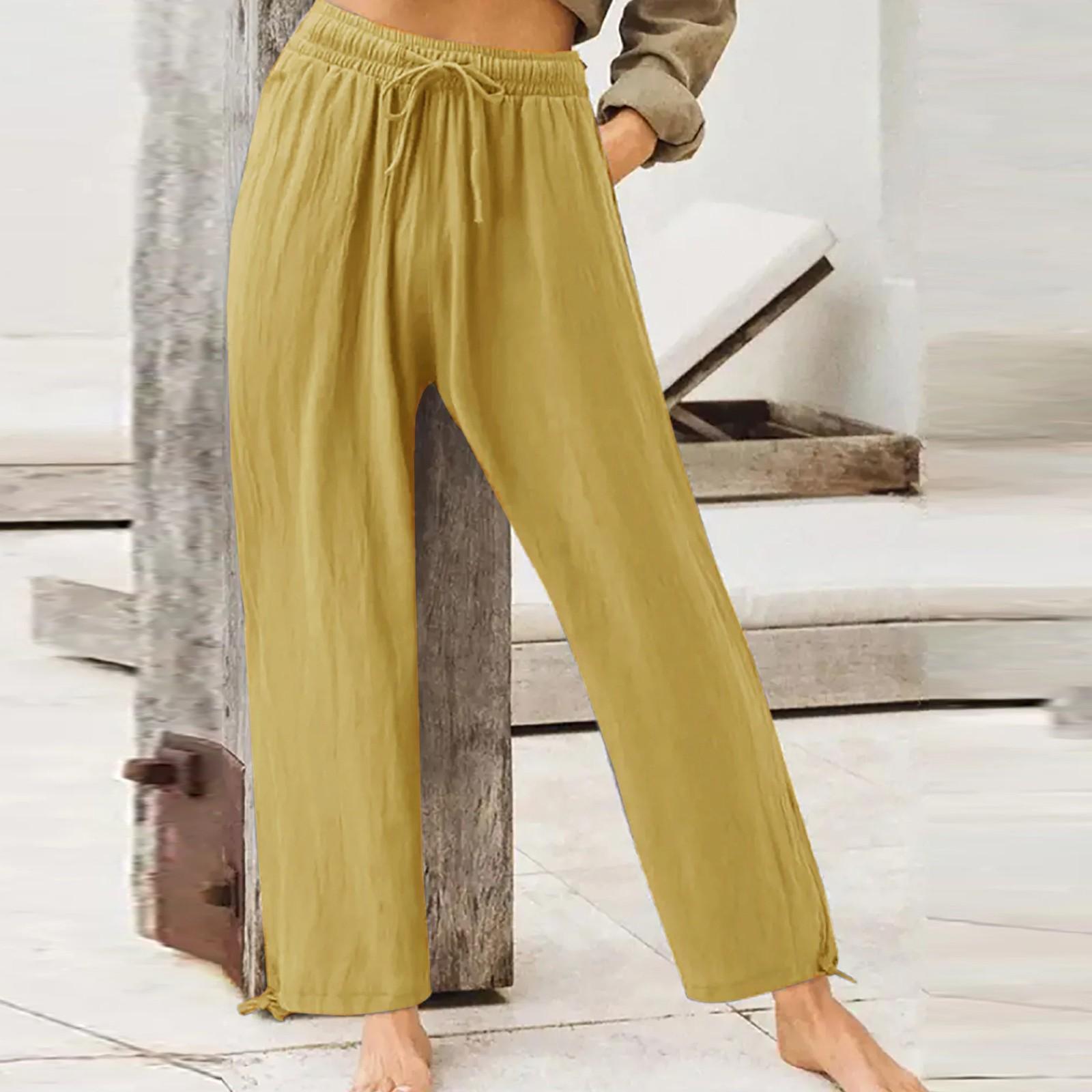 

Женские брюки, повседневные свободные брюки из хлопка и льна с высокой талией, широкие длинные брюки с карманами XL жёлтый
