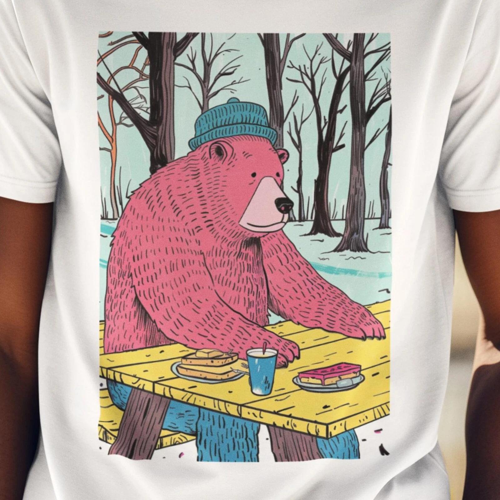Men s and Women s T-shirts Pink Bear T-shirt – Quirky Illustration of a Bear in a Beanie Enjoying a Picnic XXXXL