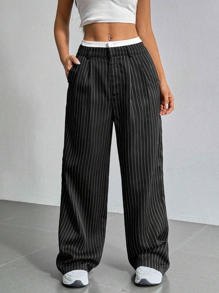 Women's High Waist Wide Leg Pants with Pleated Detail and Contrast Waistband