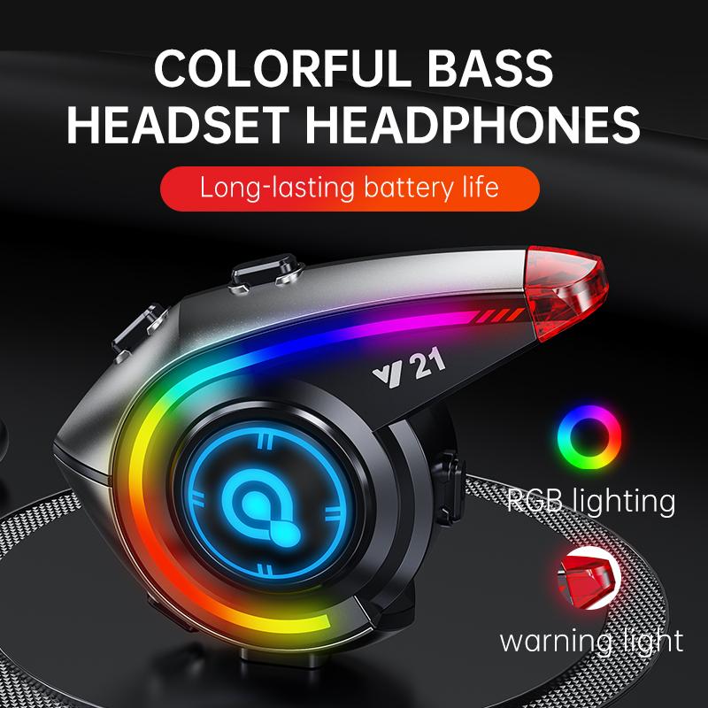 Motorcycle Bluetooth Helmet Headset Y21 Waterproof Moto Headphone with RGB Lighting Noise Reduction Wireless Motobike Earphone