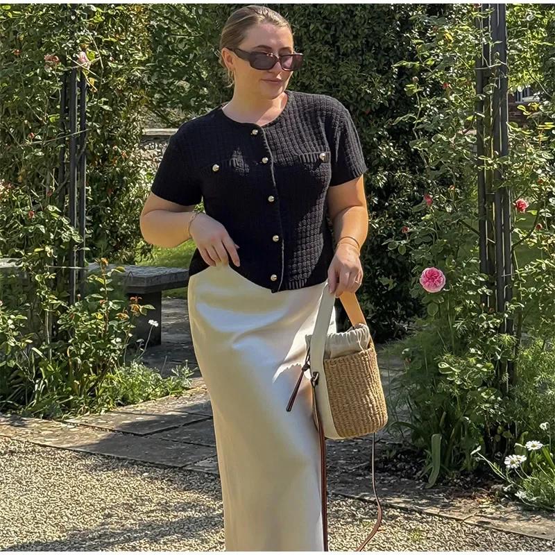 Elegant Knitted Tweed Cardigan Women Solid Single Breasted O-neck Short Sleeve Sweater Vest 2024 Autumn New Lady All-match Tops