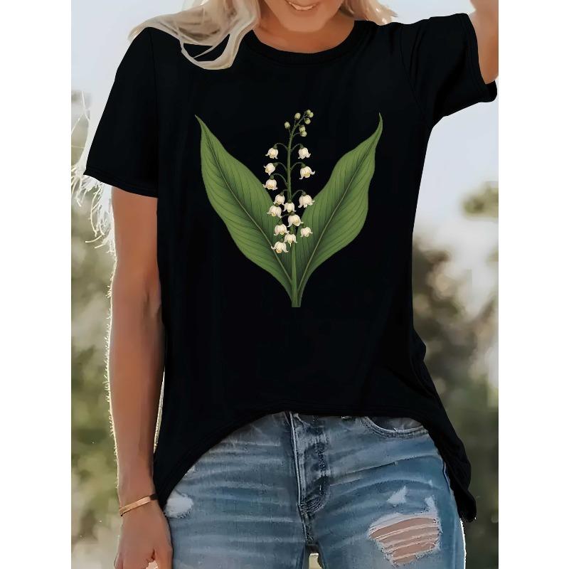European Size Women's Pure T-Shirt with Lily of the Valley Botanical Print-Round Neck Top,White Lily of the Valley Flowers&Green Leaves On Black