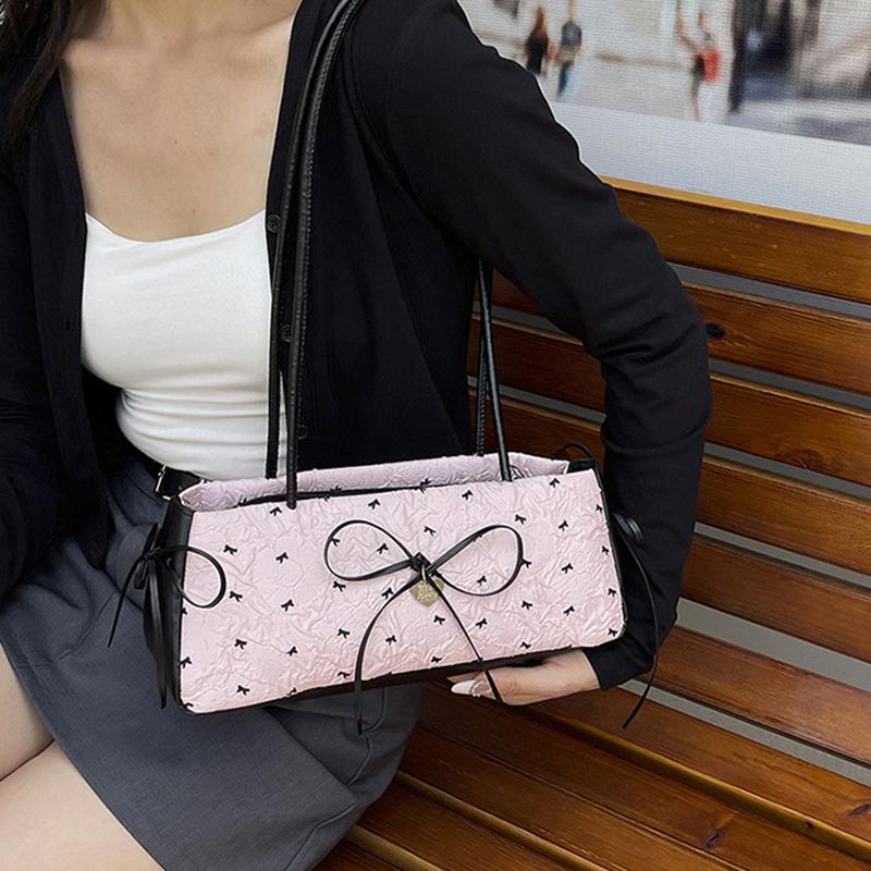 Fashion Bow Ribbon Shoulder Bag Daily Casual Commuting Bowknot Print Underarm Bag Sweet Women's Small Handbag