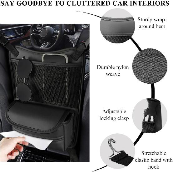 Car Organizer Storage Between Seats, Leather Large Capacity Automobile Handbag Hanging Store Content Bag, Auto Console Organizer Holder for Snack