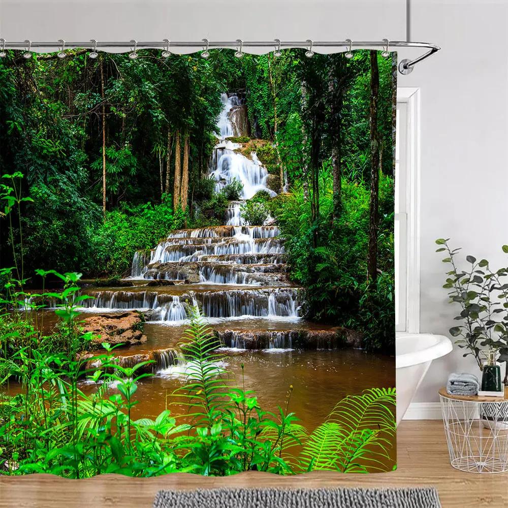 Sonnenschein Grün Wald Braun Fenster Duschvorhänge Bäume Pflanzen Natur Landschaft Polyester Badezimmer Vorhang Set Dekor Mit Haken