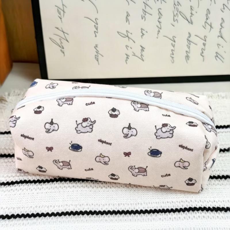 Cute Canvas Pencil Case Cartoon Elephant Print Smooth Zipper Big Storage For School Students