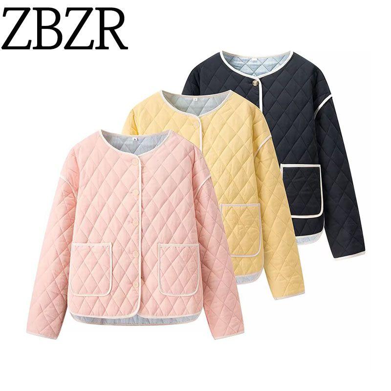 Zbzr Autumn New Women Clothes Western Style Versatile Casual Elegant Simple Round Neck Pocket Decorative Color Cotton-Padded Coat Outerwear