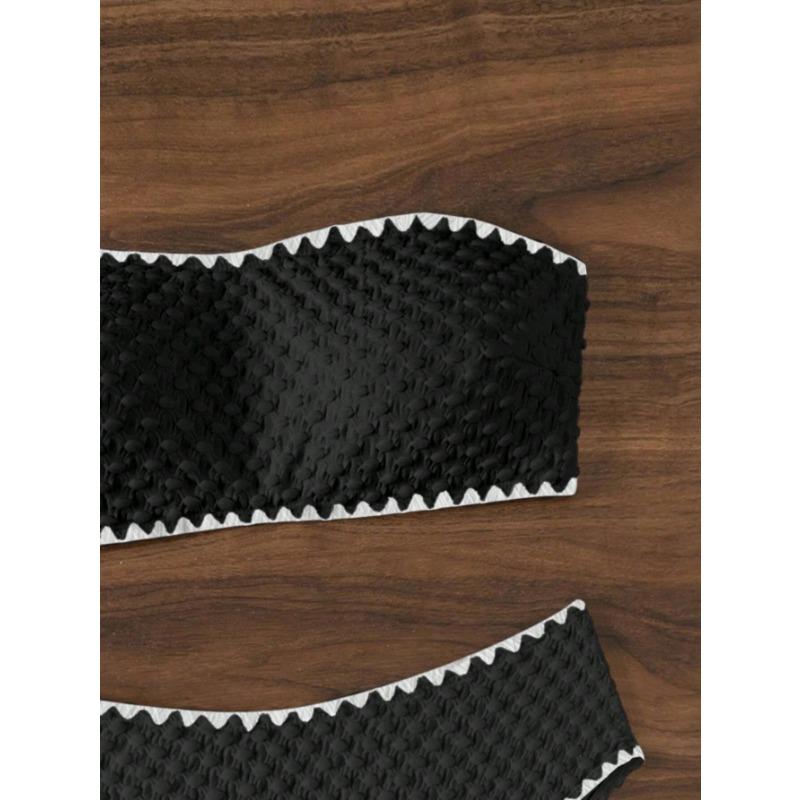 White Textured Bandeau Bikini Set Scalloped Edge High Waist Two Piece Swimsuit