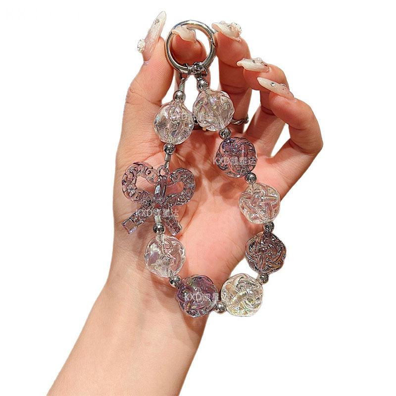 Crystal Transparent Bowknot Beaded Exquisite Flower Short Wrist Pendant Phone Case Earphone Bag Accessories Keychain