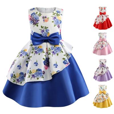Vestito per bambini, abito da principessa con fiocco, stampa floreale, orlo irregolare