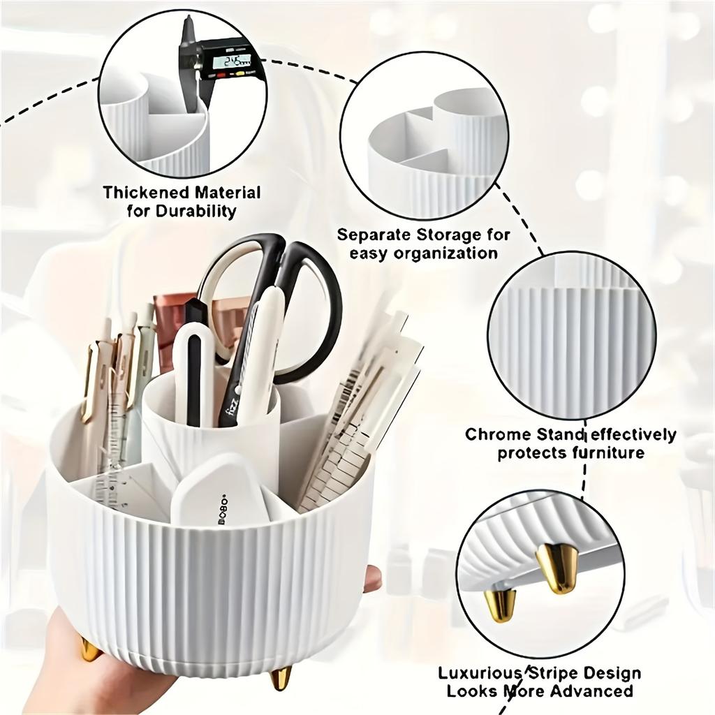 360° Rotating Makeup Brush Organizer 5-Compartment Cosmetic Storage Holder Stylish Desk Organizer for Brushes Lipsticks & Pens