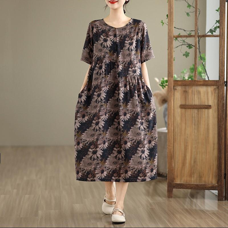 Krátký rukáv Velké bavlněné vintage květinové nové šaty pro ženy ležérní volné dlouhé letní šaty
