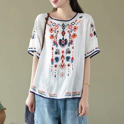 2025 New Fashion Vestidos Summer Women Casual Cotton Linen Loose Short Sleeve Big Plus Size Vintage Embroidery Top T-Shirt Blouse Clothes
