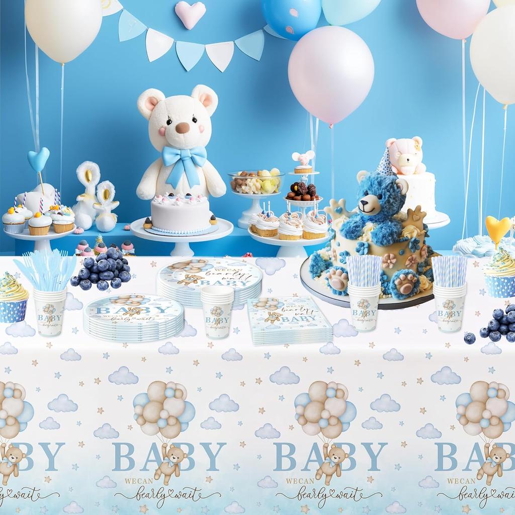 3 Pack Bear Baby Shower Decorations Tablecloth for Boy - Blue Bear We Can Bearly Wait Baby Shower Decorations Party Supplies Table Cover,54in x 108in