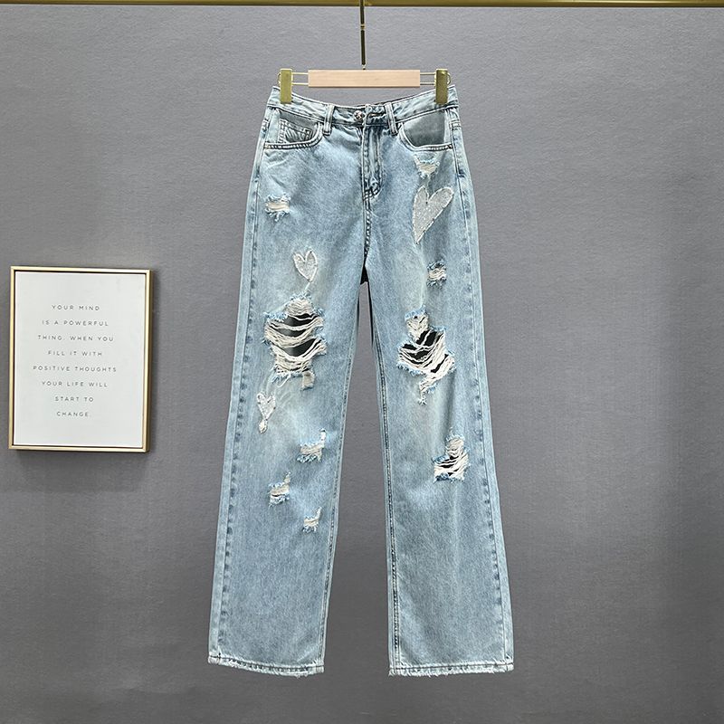 

European Station Ripped Spring Summer High Waist Diamond-Embedded Wide-Leg Pants Light blue S