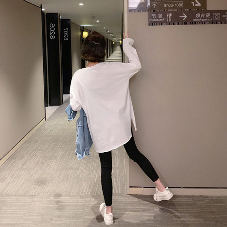 White Base Shirt for Women In Autumn and Winter New Pure Cotton Mid-length Letter Ripped Long-sleeved T-shirt