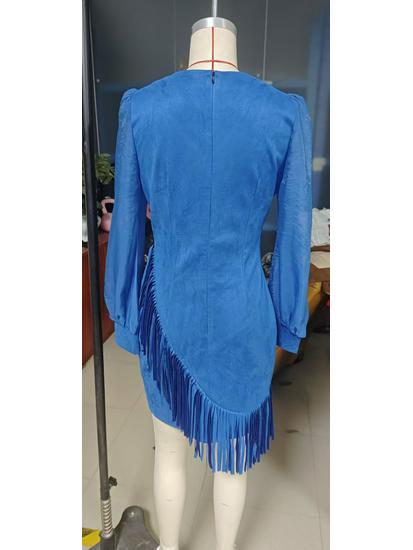 Faux Suede V-neck Lapel Zipper Tassel Hem Long Sleeve Women's Fashion