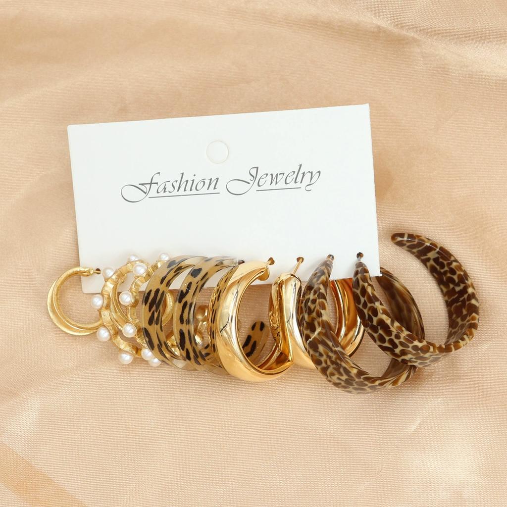 17KM 10 Pcs Acrylic C-shaped Leopard Print Earring for Women European and American Metal Earrings Light Luxury Accessories