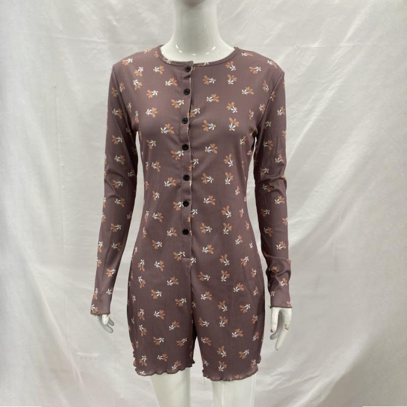 Y2K early autumn floral pattern round neck threaded anti stripe long sleeved jumpsuit