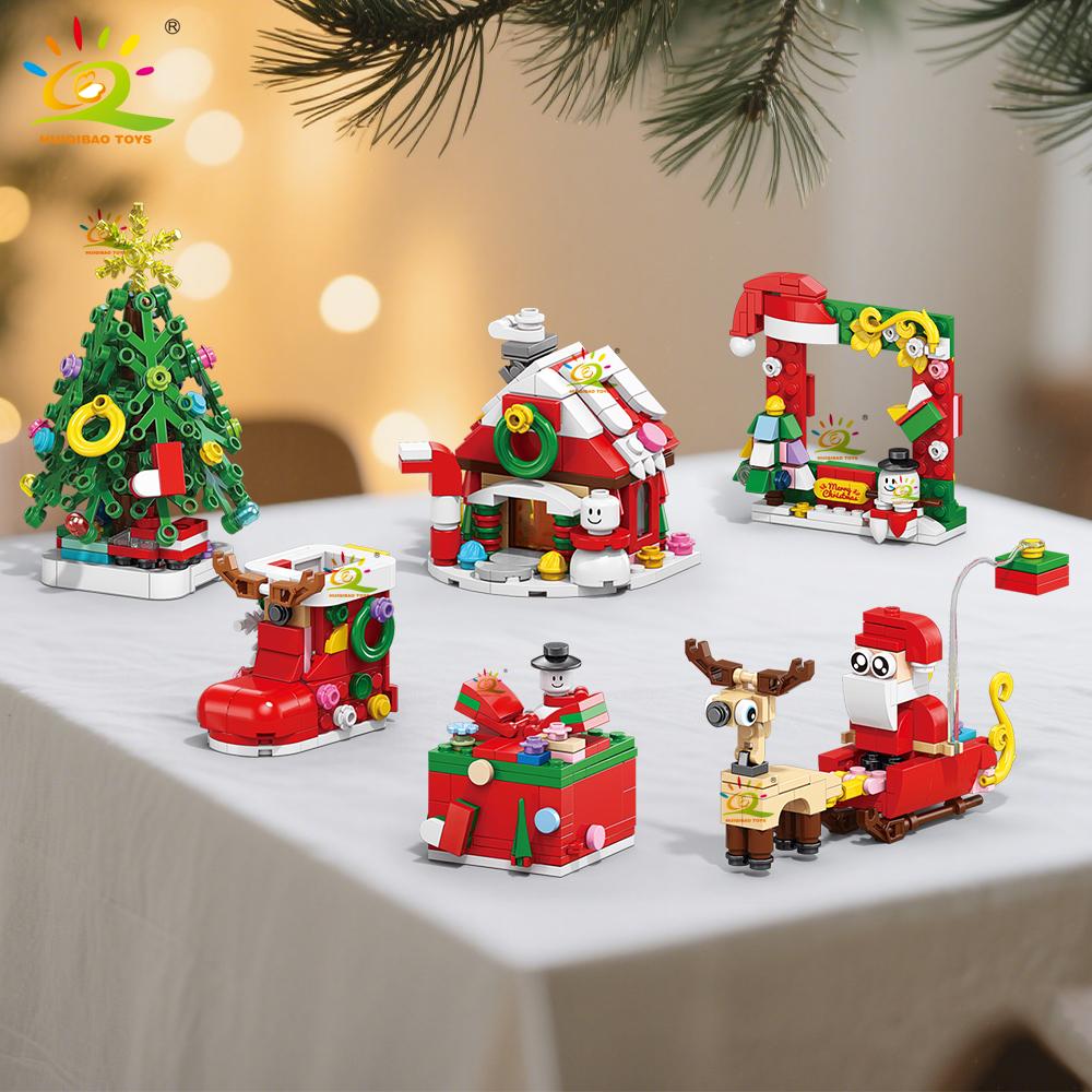 Non-Toxic 6In1 Christmas Tree Santa Claus Snowhouse Model Building Block Diy Elk Snowman Train Bricks Ornament Toys Adult Gift