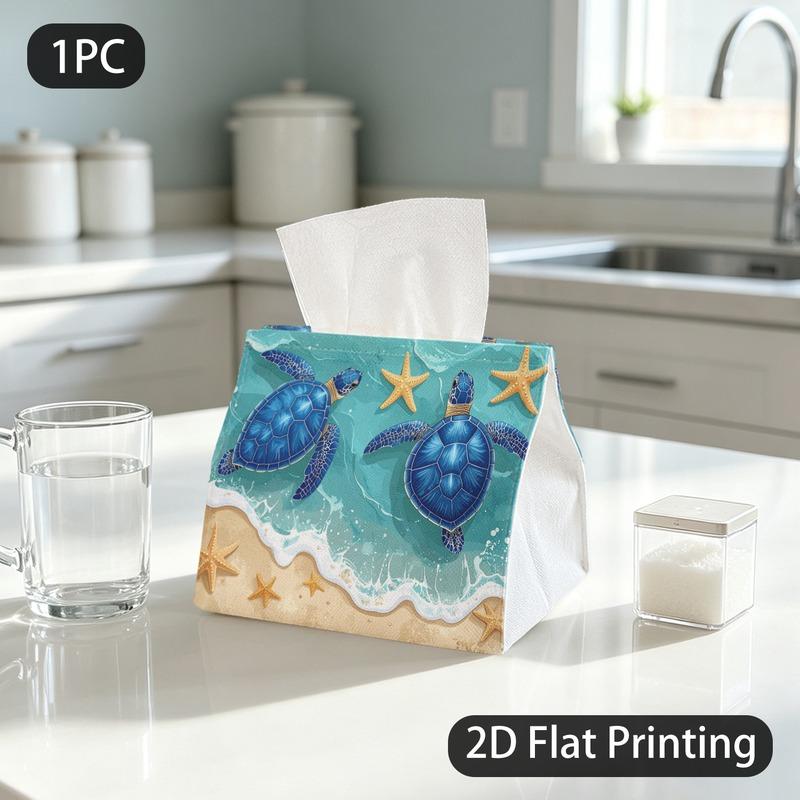 1pc Tissue Box, Coastal Art Sea Turtles Starfish Calm Tropical Pattern, 2D Flat Printing, Keeps Dust Out, Folds Flat, Tissue Bag, for Coffee Shops, 2D