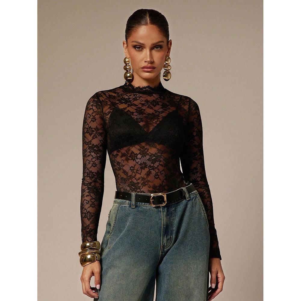 Dámský krajkový síťovaný průhledný body s květinovým vzorem, s rolákem, dlouhým rukávem, průhledný trikot