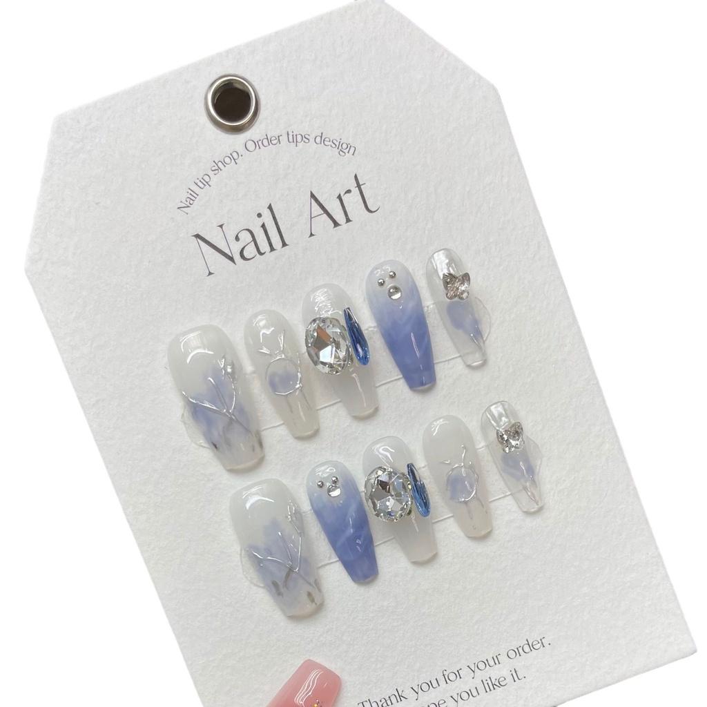 HANDMADE Artificial Nail Blue Blooming Fairy Clear Blue Ins Wind Butterfly Phototherapy Nails Reusable and Removable Nails