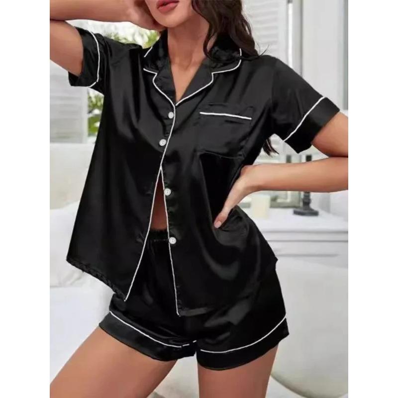 Two Pieces Pajama Collection Short Sleeve Button Up Lapel Top Pants Collection Womens Sleepwear Loungewear Faux Silk Pajamas for Women