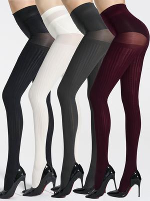 A Pair of Sexy Solid Color Vertical Ribbed Knitted Tights for Women, High-elasticity Stockings and Pantyhose