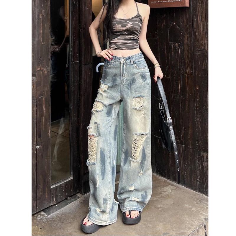 Damen Retro High-Waist Ripped Wide-Leg Jeans - Sommer Dünn & Distressed Bodenlang