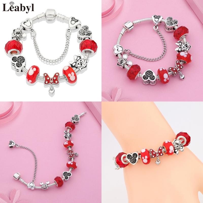Potdemiel Pink Enamel Crystal Minnie Charm Bracelets Silver Color Heart Cartoon Bead Jewelry for Women Girl Gift