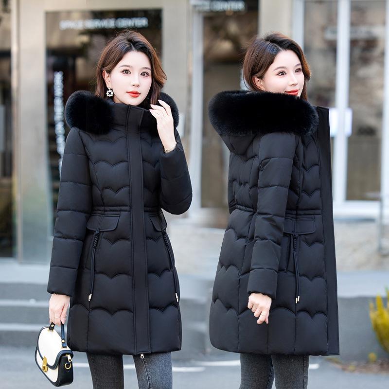 Women's Mid-Length Winter Fur Collar Hooded Cotton Jacket - Fashionable Slimming Warmth