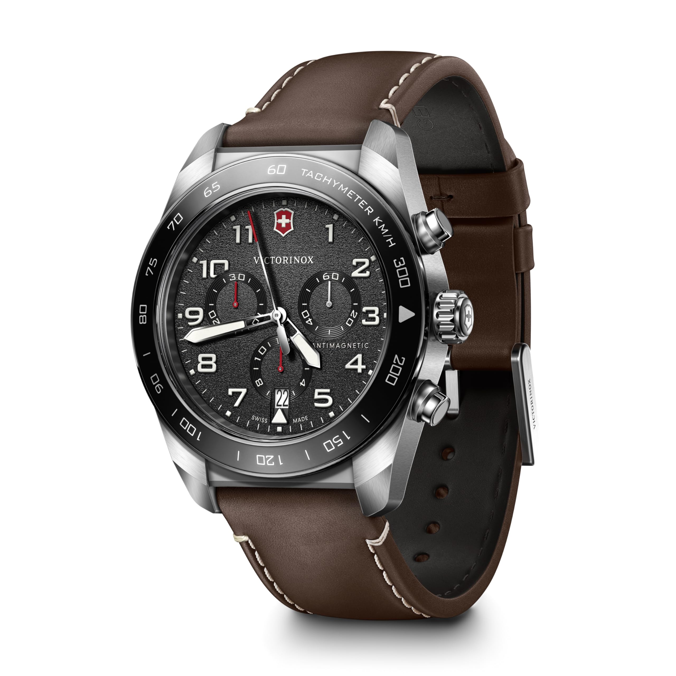 

VICTORINOX SWISS ARMY Watch Chronograph Analog Waterproof Quartz Black Dial Brown Leather Strap Stainless Steel Case Strap Replacement 5 Year Warranty