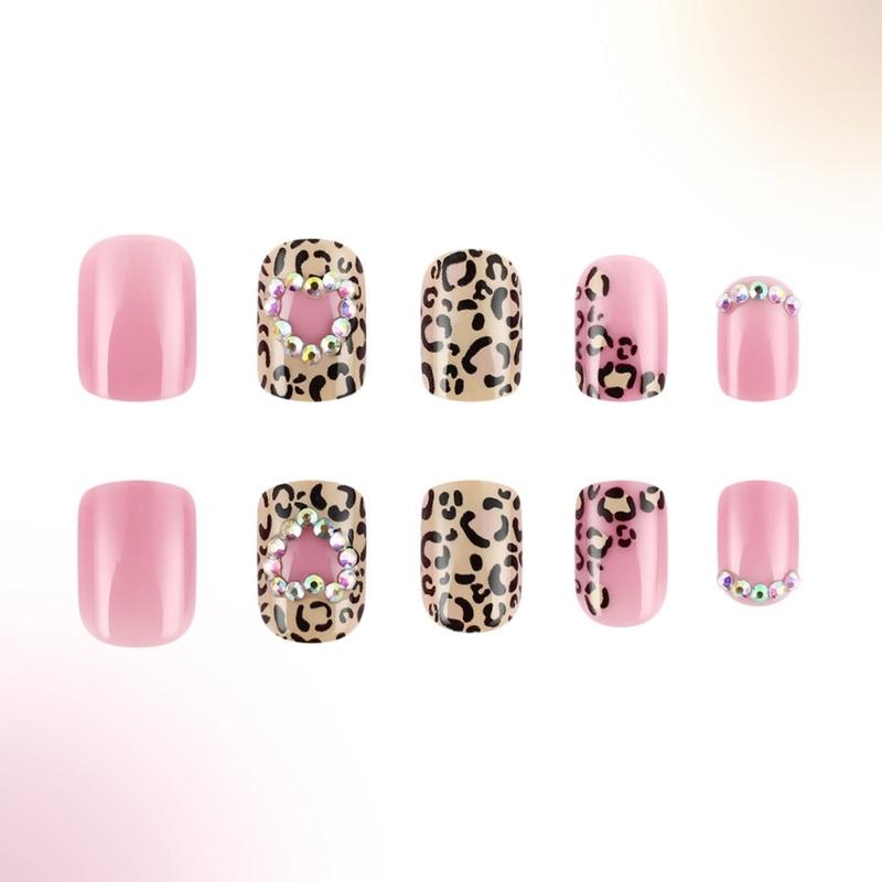 24 Pcs False Nail with Rhinestones Valentines Day Press On Nail Leopard Heart Acrylic Nail Full Cover Stick On Nail