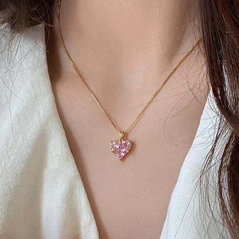 Sommer Pink Herz Zirkonia Halskette: Elegante, hochwertige Schlüsselbeinkette in süßem Pfirsich für Mädchen
