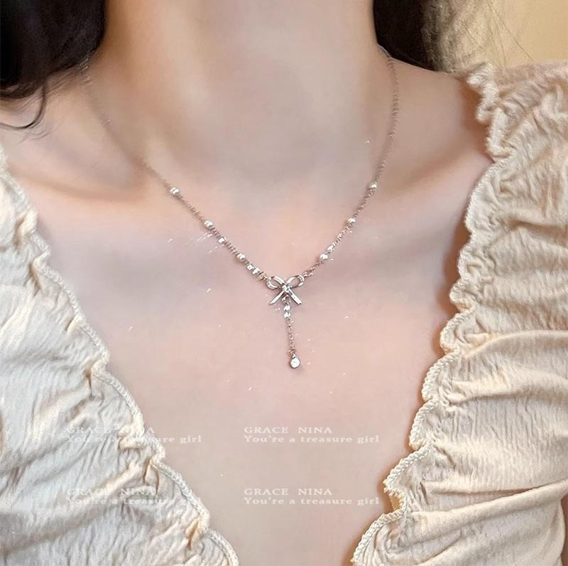 Very girl~ light luxury bow pearl necklace women's niche high-end clavicle chain new neck chain