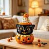 Halloween Tischdekorationen Katzenfiguren mit Kürbisakzent, Glattes Schwarzes Saisonales Regalornament für Kaminsims Eingangsbereich Party-Styling Innenräume
