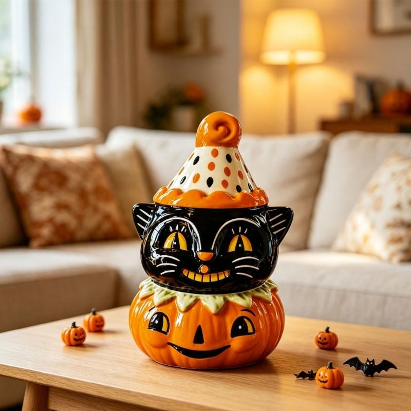 Halloween Tischdekorationen Katzenfiguren mit Kürbisakzent, Glattes Schwarzes Saisonales Regalornament für Kaminsims Eingangsbereich Party-Styling Innenräume