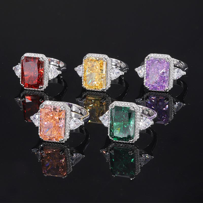 Jewelry Copper Bottom Gold-Plated High Carbon Diamond Ice Flower Square Diamond Copper Inlaid Temperament Light Luxury Rectangular Ring Women 10 * 14