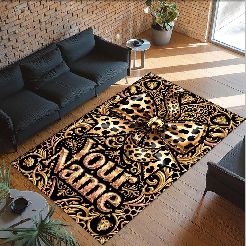Leopard Theme Crystal Velvet Floor Rug Personalized Custom Name Text Warm Carpet Home Decoration