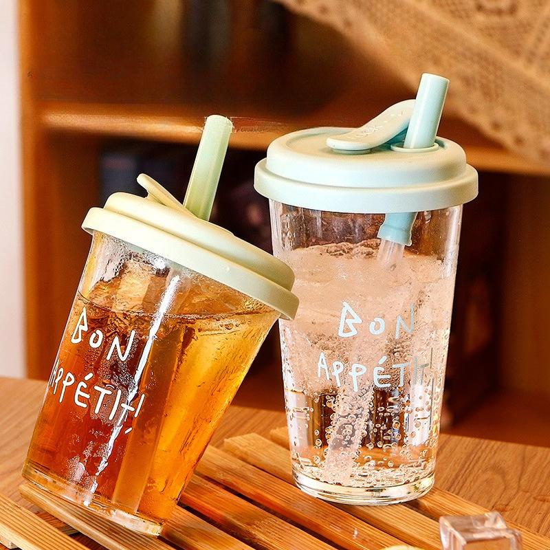 High Aesthetic Printed Straw Cup, Glass Cup with Lid, Portable Flip Over Student Water Cups, Beverage Beer Glass, Wine Glasses