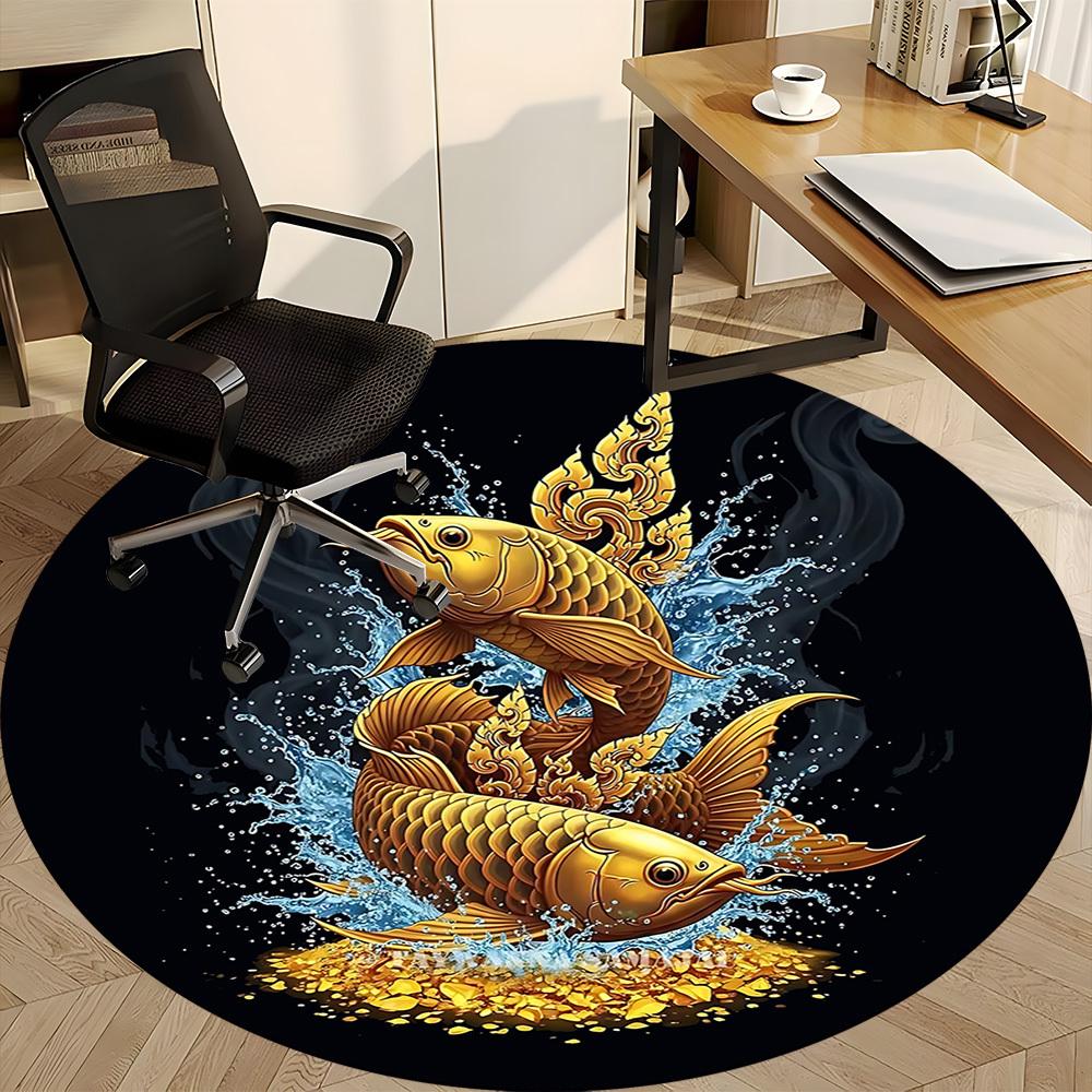 1pc Golden Fishes Splash Office Round Area Rug, Under Office Chairs Bedroom Living Room Home Decor, Room Deco, Available in Various Sizes