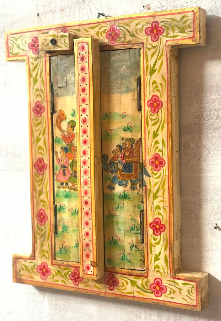 Handmade Wooden Inlay Window: Indian Folk Art Wall Decor